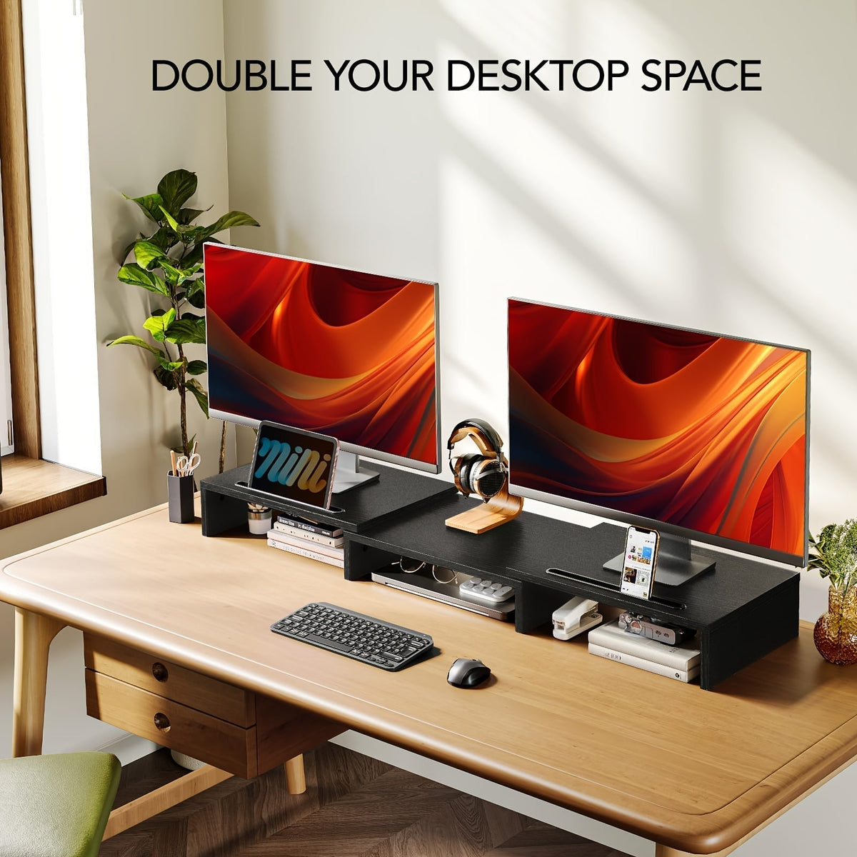 Adjustable Dual Monitor Stand with Storage (2-Slot)