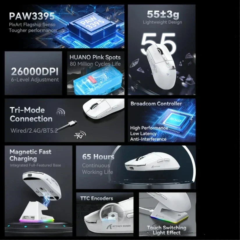 Tri-Mode Rgb Gaming Mouse With Magnetic Charging Base